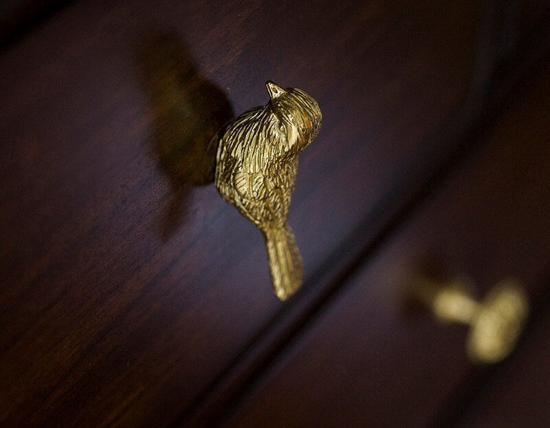 Small detailed gold bird drawer handle/Gold brass sparrow shaped cabinet pull/small chickadee door knob/nursery furniture hardware/gold bird