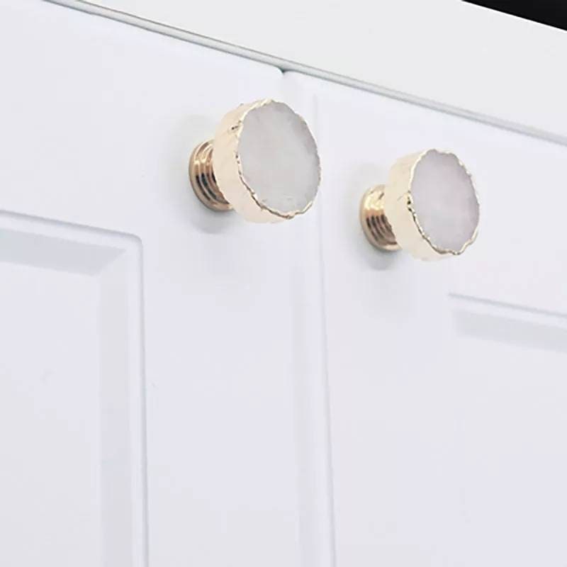 Round white quartz drawer handle with gold edges/gemstone and brass door knob/white crystal cabinet handle/gold brass and crystal hardware