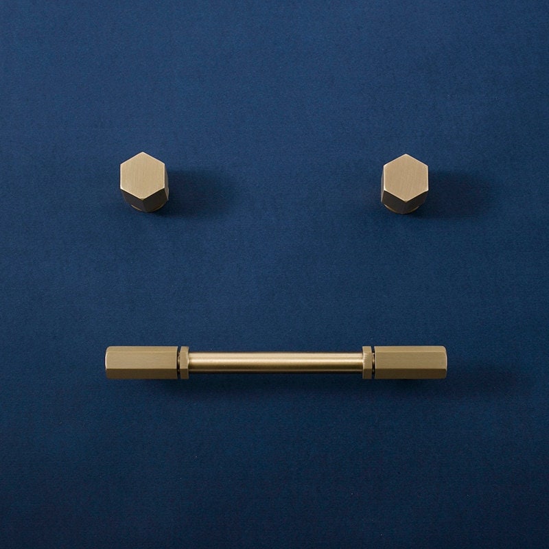 Industrial chic hexagonal shaped drawer pull/Gold nut style solid brass cabinet knob/Gold brass geometric door knob/man cave brass hardware
