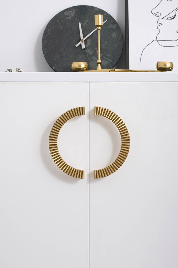 A Pair of large gold cog shaped semi circle door handles/large demi lune cabinet pulls/half circle drawer handles/Gold wardrobe handles