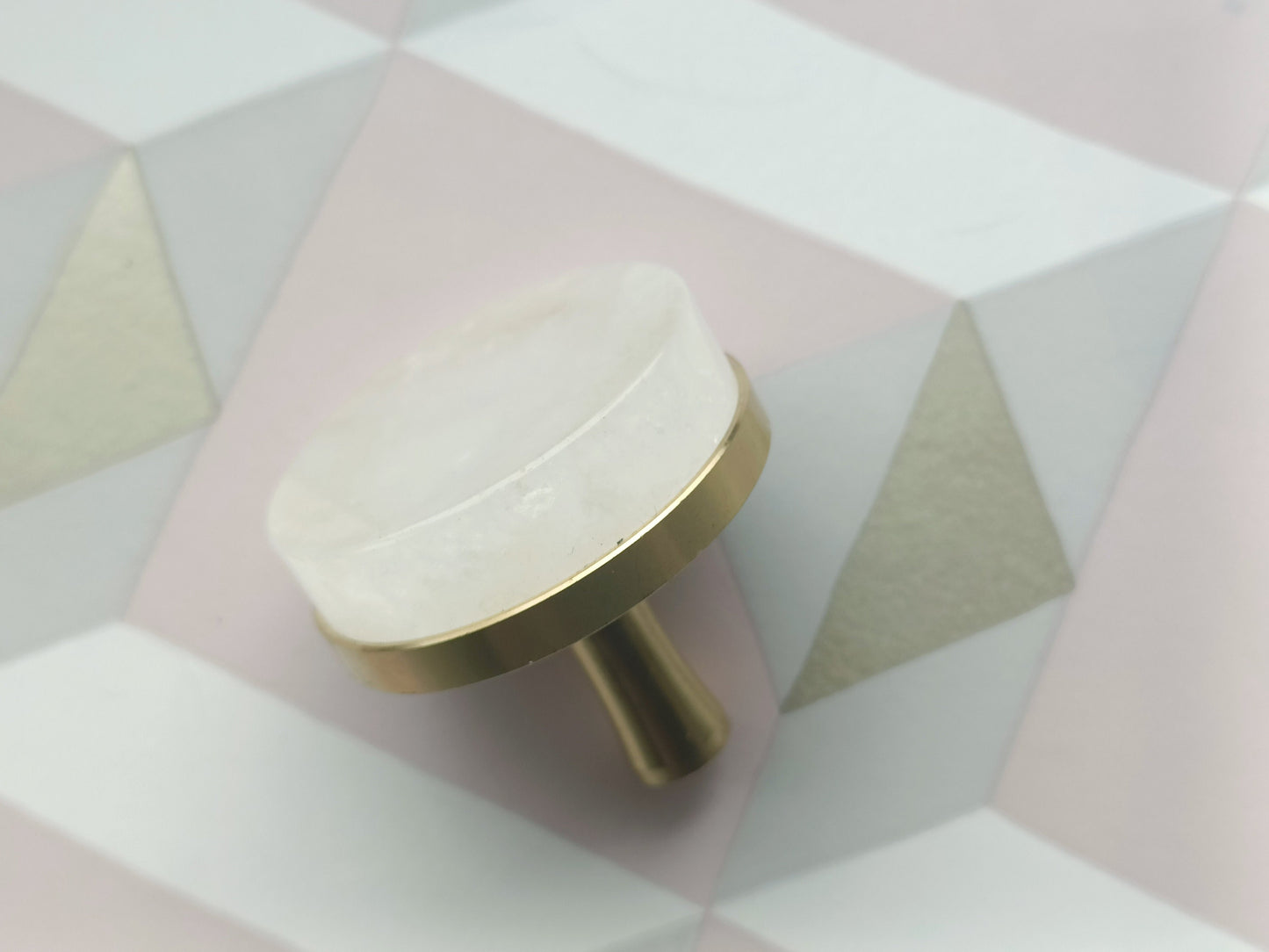 Round white quartz crystal and brass drawer pull/large gemstone cabinet handle/white crystal and brass door handle/Gemstone hardware