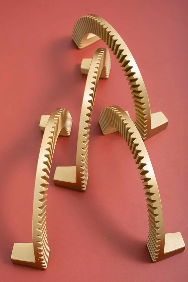 A Pair of large gold cog shaped semi circle door handles/large demi lune cabinet pulls/half circle drawer handles/Gold wardrobe handles