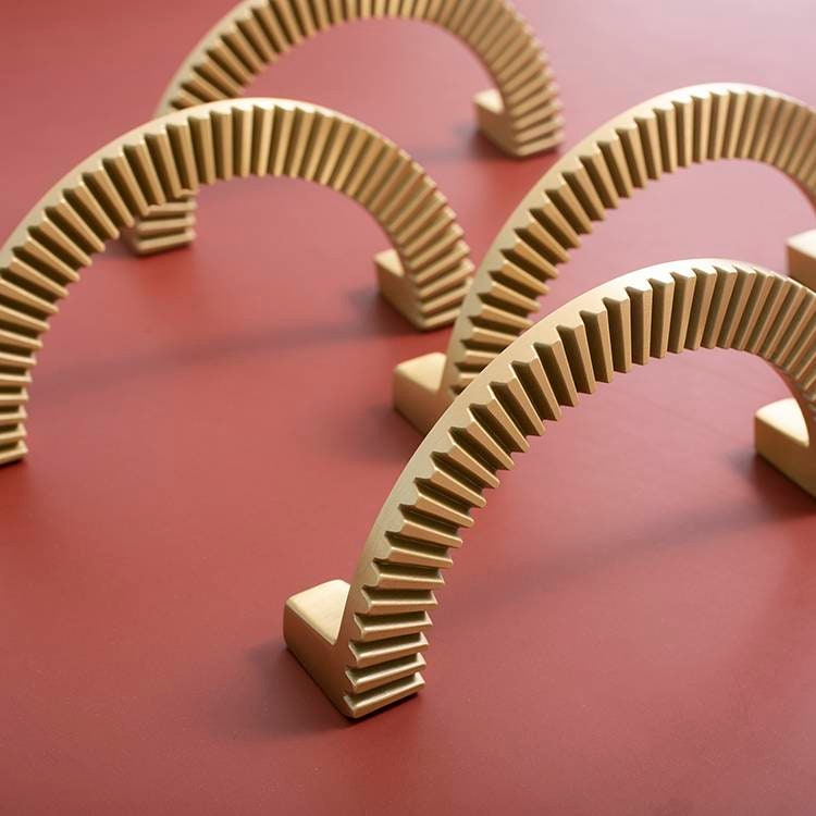 A Pair of large gold cog shaped semi circle door handles/large demi lune cabinet pulls/half circle drawer handles/Gold wardrobe handles