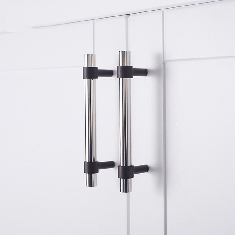 Matte Black and shiny silver stainless steel cabinet bar handle/Silver and black drawer pull/Silver furniture hardware/Monochrome hardware