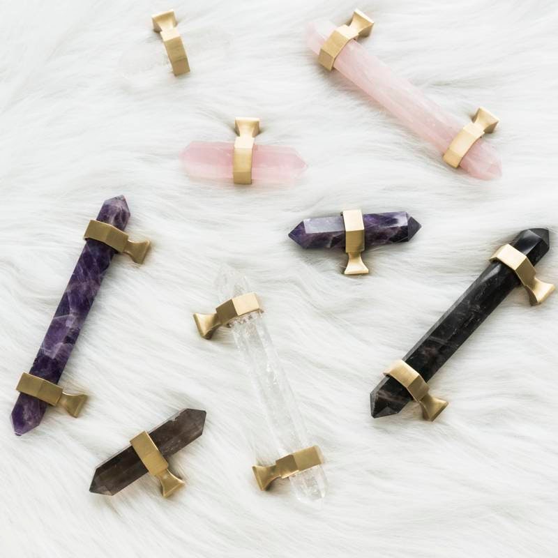 Hexagonal dark coffee quartz cabinet bar handle/gold brass and dark quartz drawer pull/Semi precious stone hardware/crystal door handle