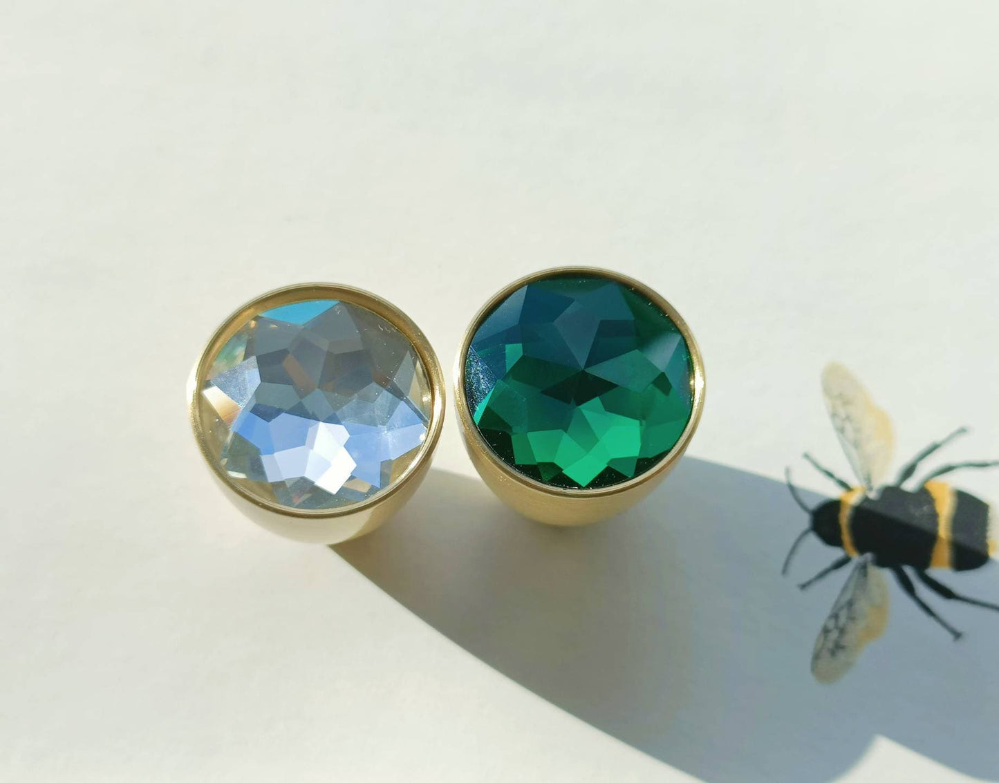Sparkly green or clear glass crystal and brass cabinet pull/Glittery cone shape door handle/Small crystal drawer knob/Crystal drawer handle