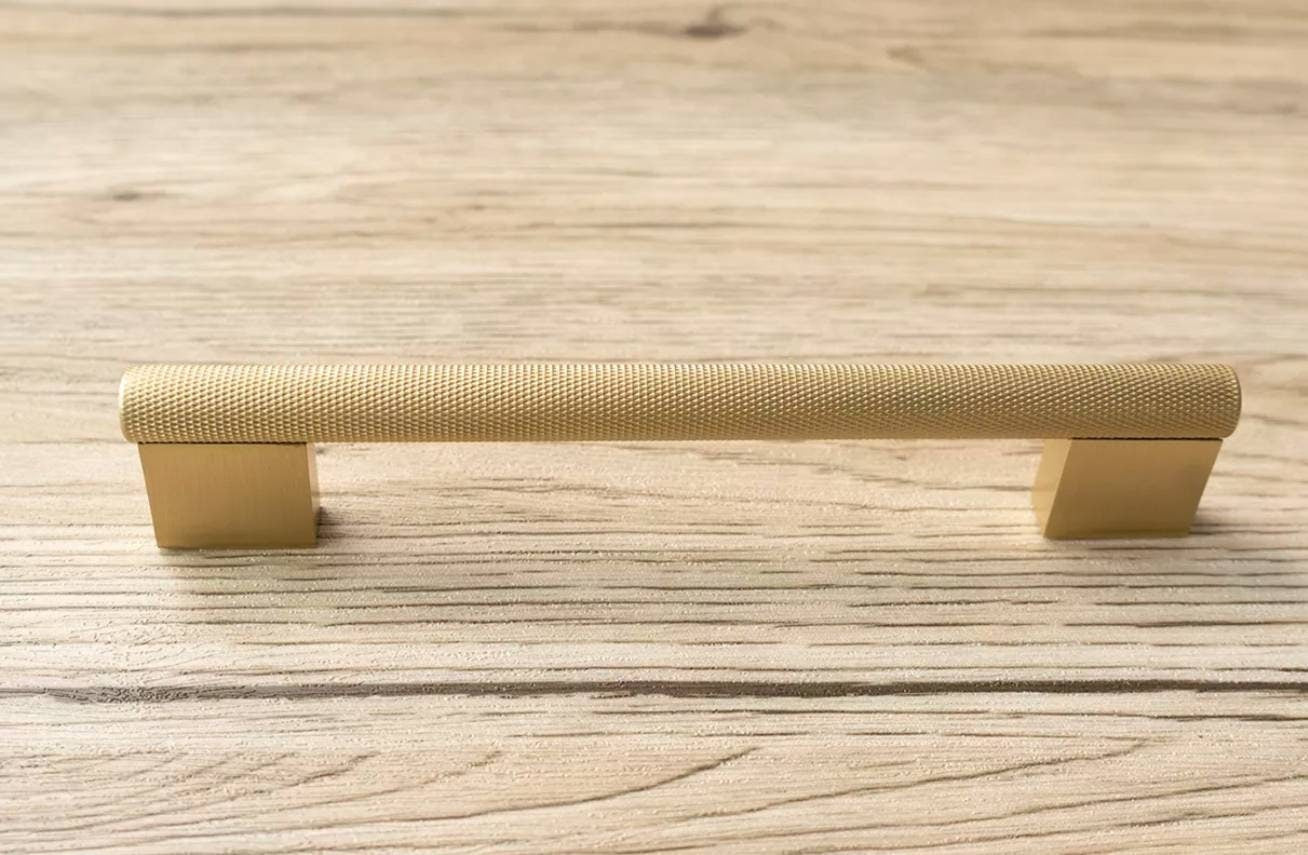 Gold brass knurled bar handle with wide base/metal cabinet handle/home improvement hardware/brass kitchen cabinet handle