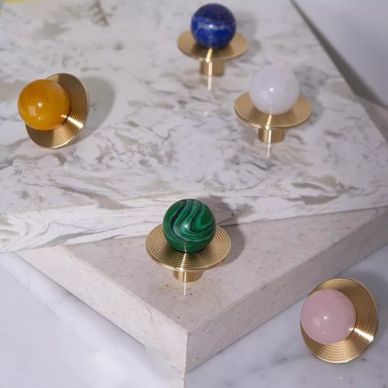 Round colourful semi precious stone ball and brass drawer pull/bright gemstone cabinet handle/Retro style door knob/mcm brass drawer handle