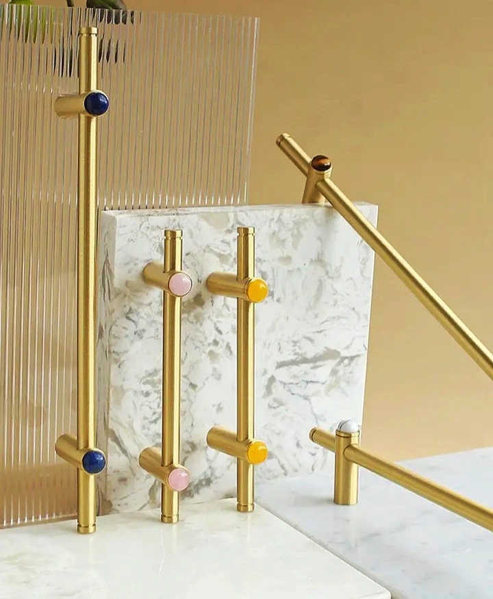 Gold brass and gemstone stud bar handle/Brass and stone drawer pull/Brass hardware for kitchen, bathroom or bedroom/Wardrobe door handle