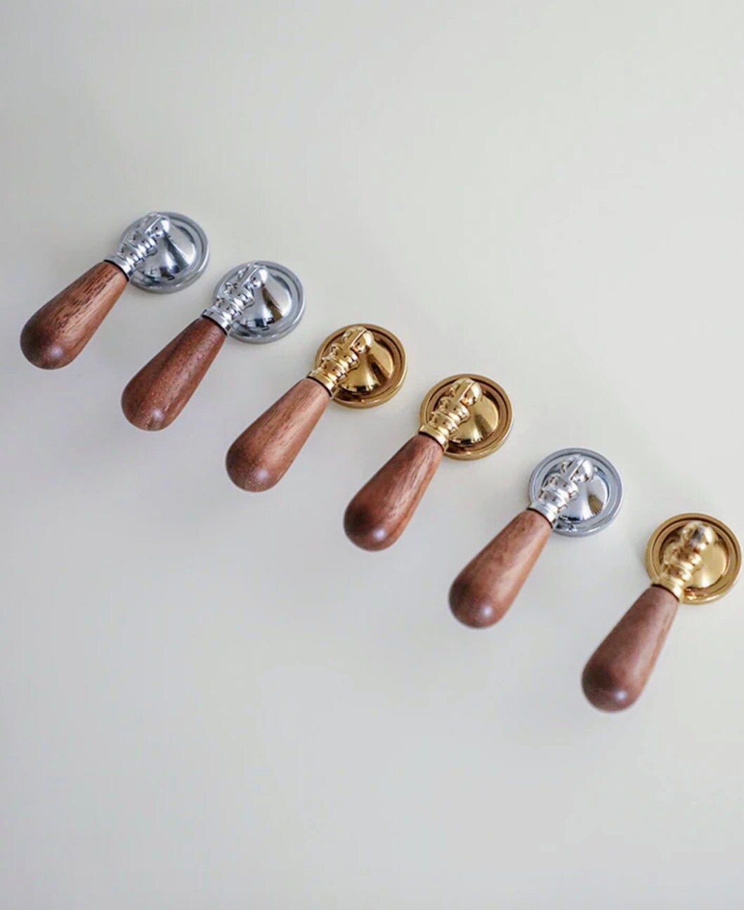 Walnut wood and brass drop handle/Wooden drop drawer pull/Gold or silver cabinet pull/Wooden furniture hardware/Dresser door knob
