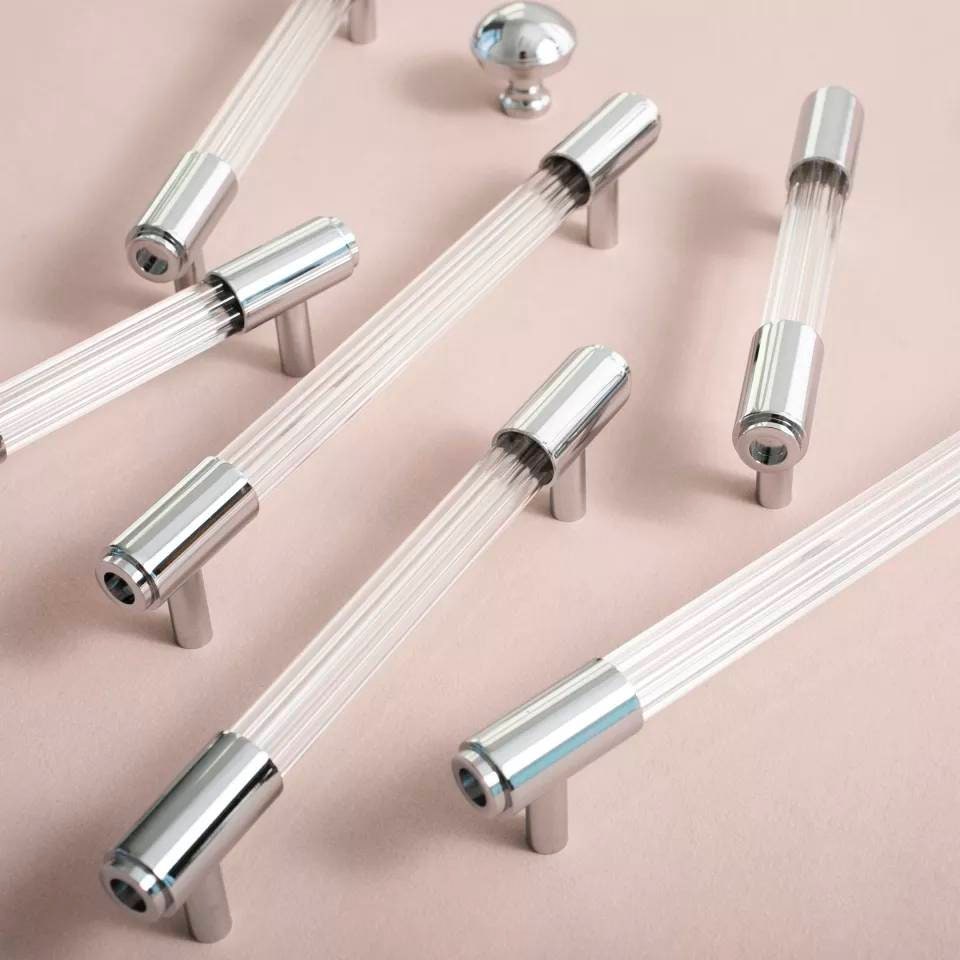 Chrome and clear textured lucite cabinet bar pull handle/clear acrylic drawer handle/lucite furniture hardware/transparent resin handle