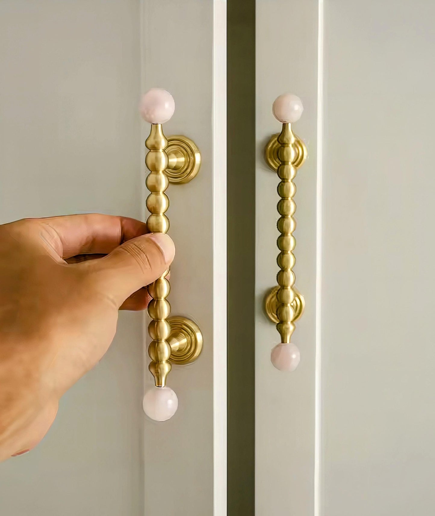Brass & Pink Quartz Crystal Cabinet Handle: Bubble Style Drawer Pull