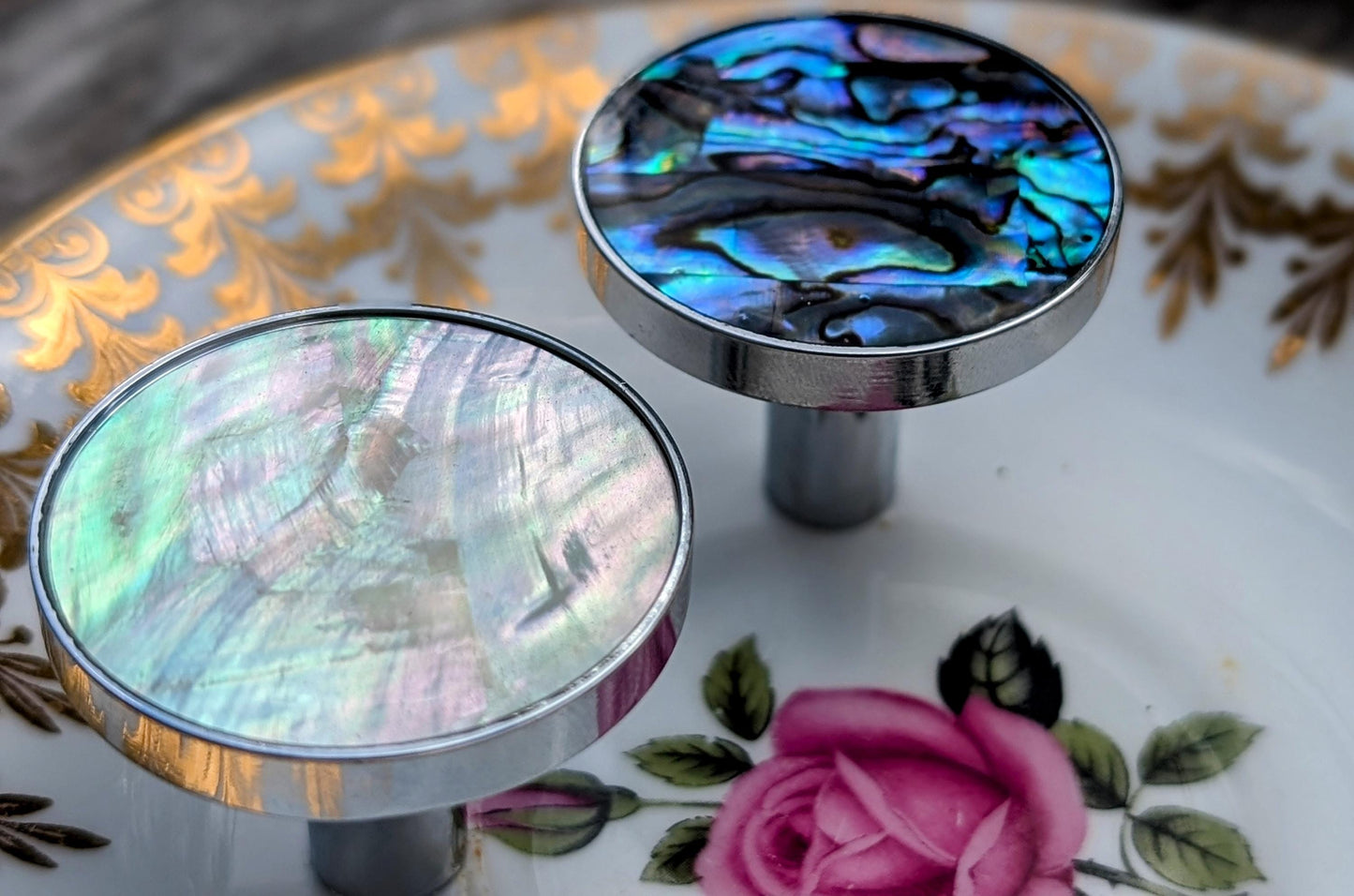 Shiny Silver Blue or White Abalone Shell Cabinet Pull: Art Deco Silver Drawer Knob