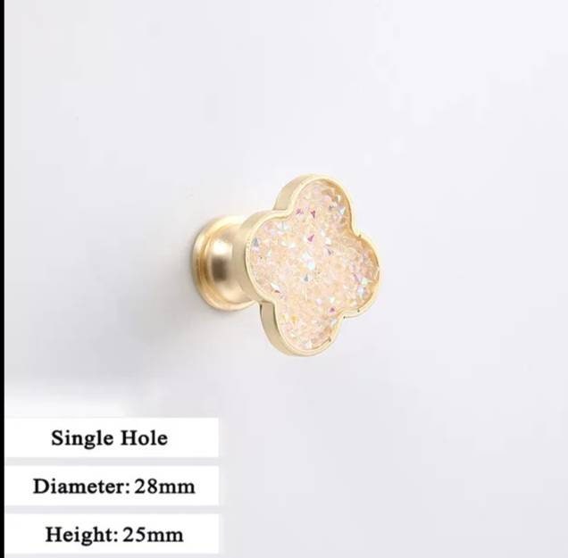 Glittery rainbow aura quartz crystal and gold clover shaped cabinet pull/Gemstone door handle/Clover shaped drawer handle/crystal hardware
