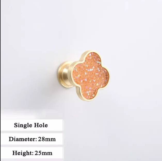 Glittery rainbow aura quartz crystal and gold clover shaped cabinet pull/Gemstone door handle/Clover shaped drawer handle/crystal hardware