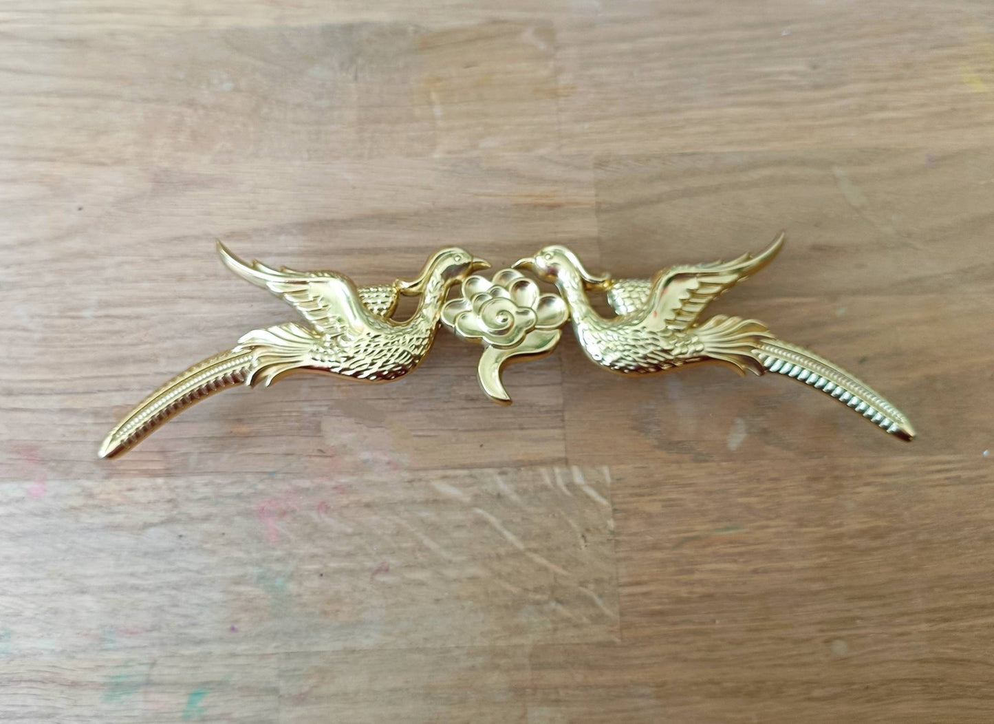 Gold brass phoenix cabinet pull/Gold bird and cloud drawer handle/Brass birds and cloud door handle/Brass furniture hardware/Unique handles