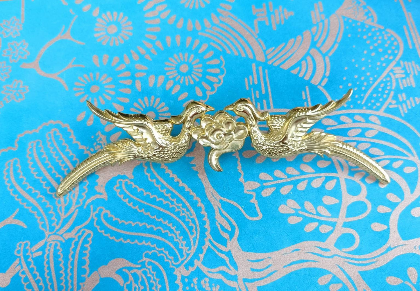 Gold brass phoenix cabinet pull/Gold bird and cloud drawer handle/Brass birds and cloud door handle/Brass furniture hardware/Unique handles