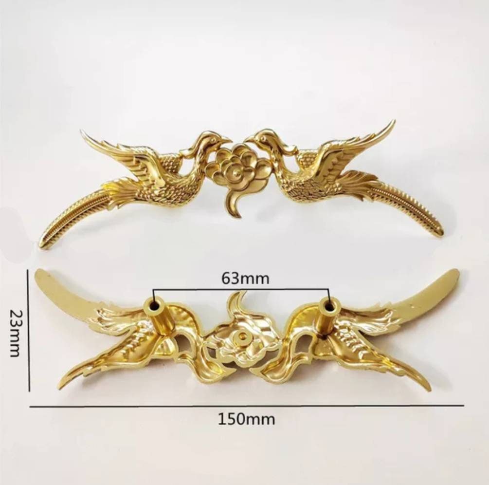 Gold brass phoenix cabinet pull/Gold bird and cloud drawer handle/Brass birds and cloud door handle/Brass furniture hardware/Unique handles