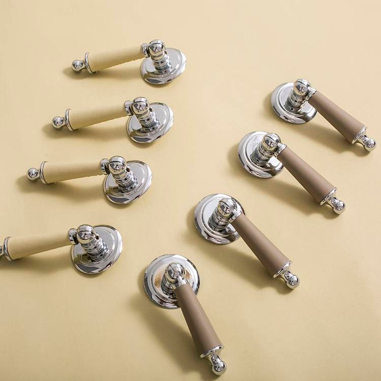 Neutral colour leather and silver drop drawer handle/Silver brown and cream leather drop cabinet pull/Chrome drop handle wrapped in leather