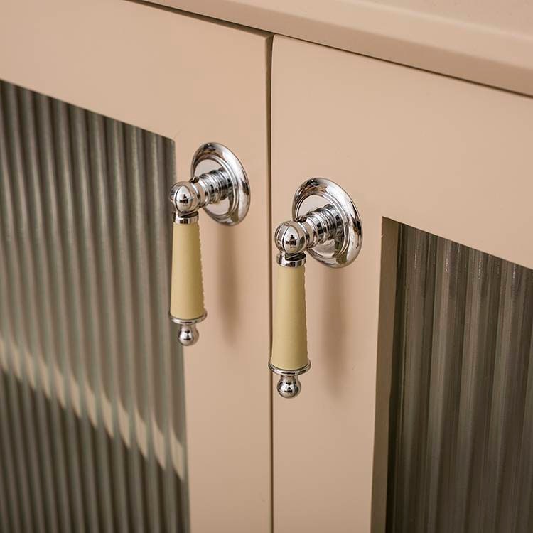 Neutral colour leather and silver drop drawer handle/Silver brown and cream leather drop cabinet pull/Chrome drop handle wrapped in leather