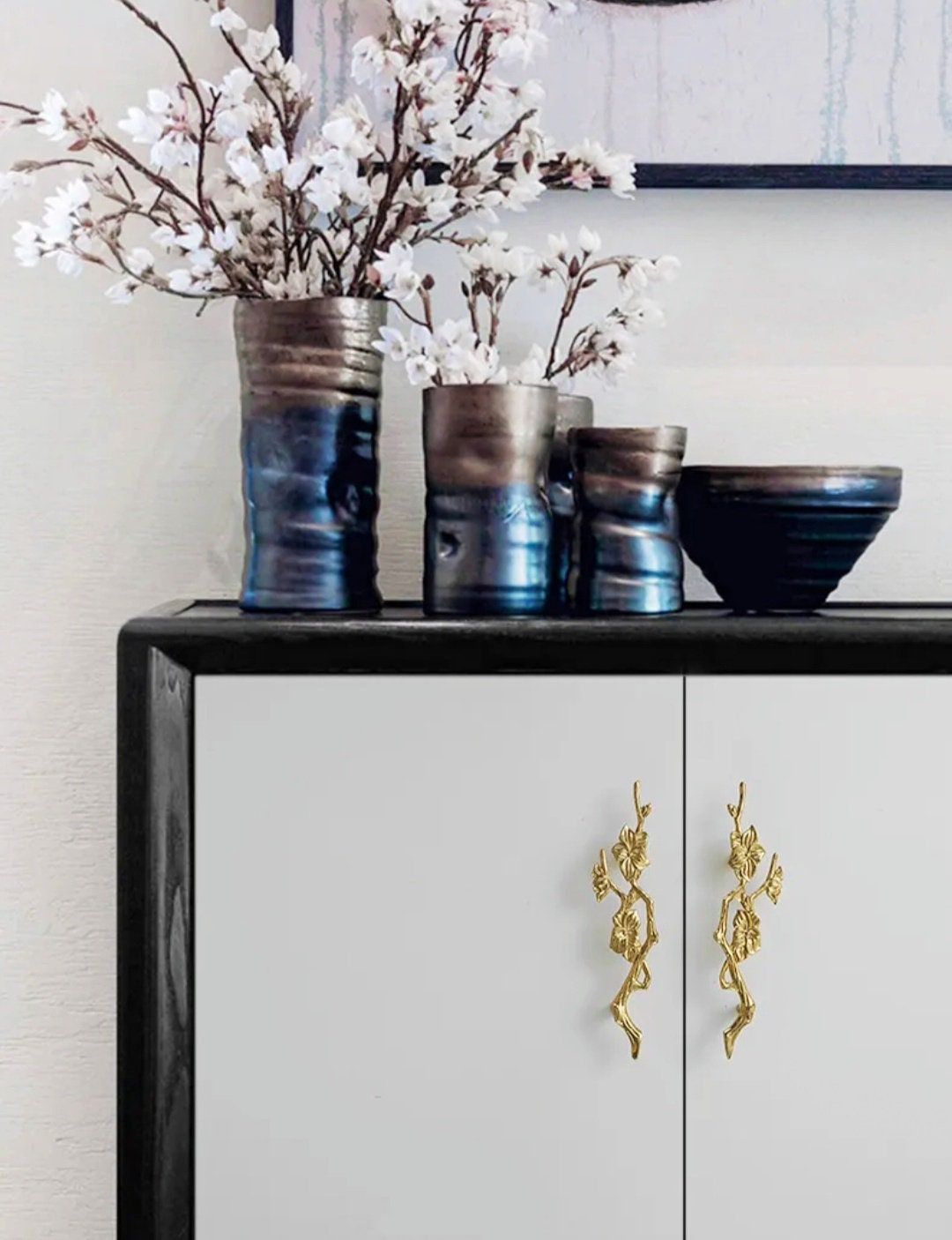 A pair of gold flower blossom drawer handles/2 gold brass branch and flower design cabinet pulls/Flower shaped wardrobe door handles