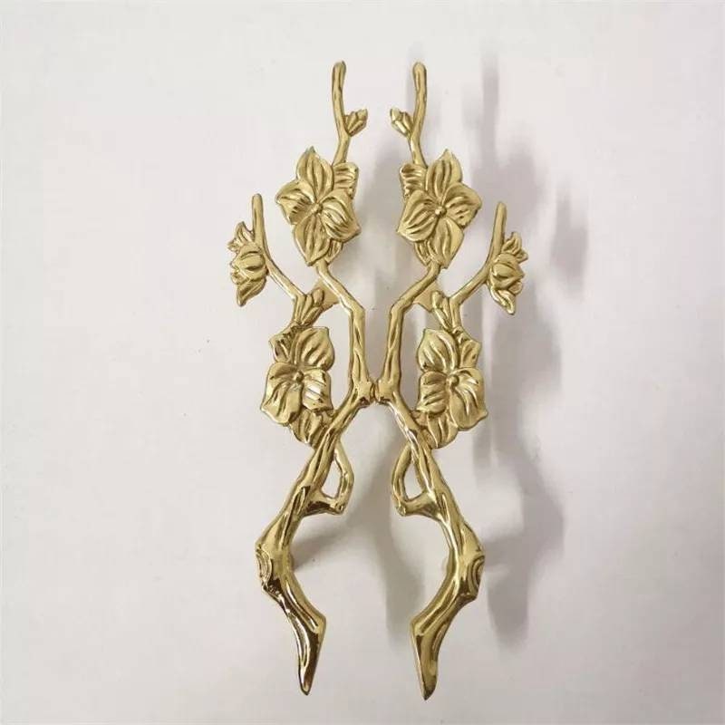 A pair of gold flower blossom drawer handles/2 gold brass branch and flower design cabinet pulls/Flower shaped wardrobe door handles