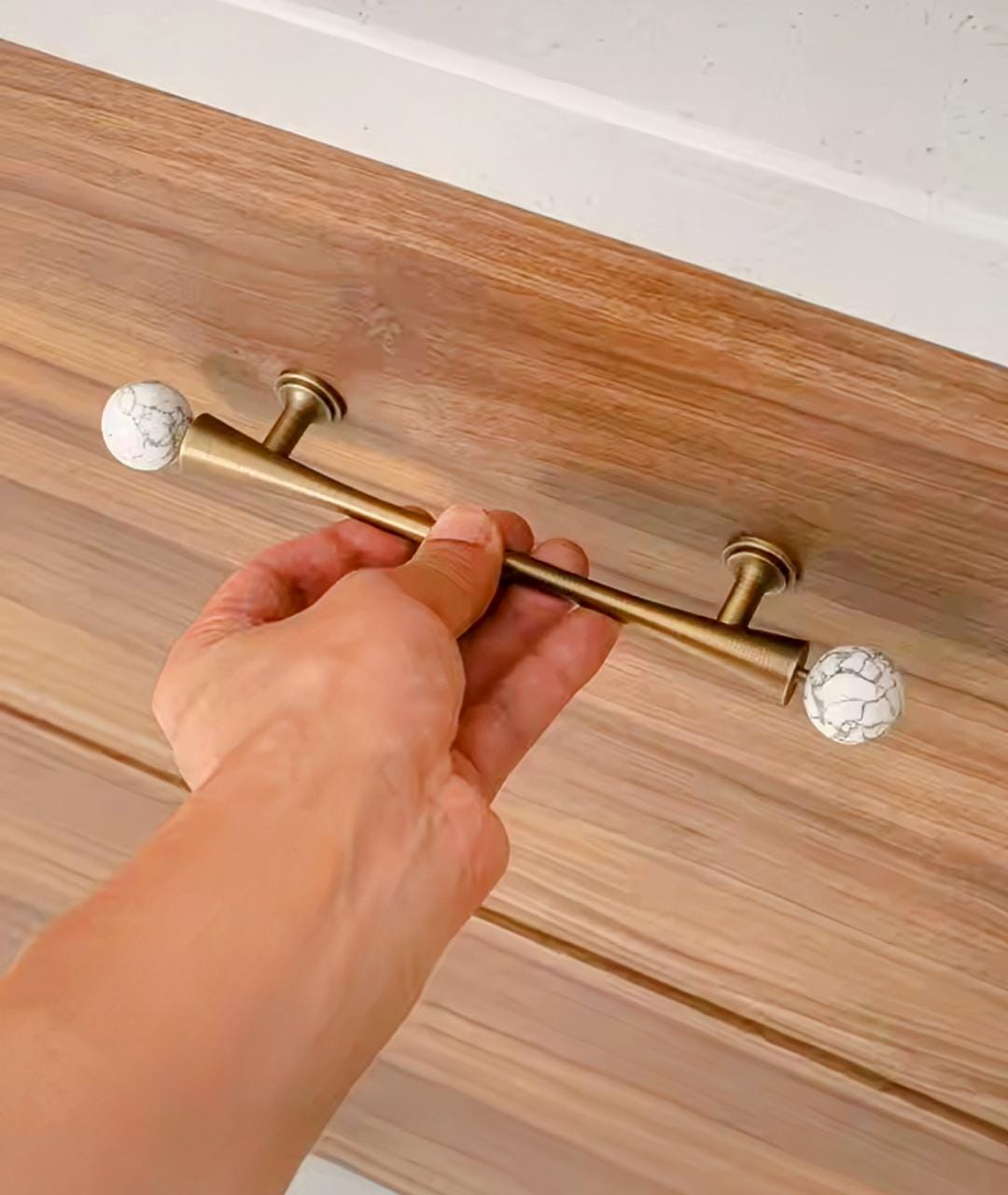 Bronze and grey marble scroll shaped cabinet handle/Solid brass and stone drawer pull/Aged brass door handle/wardrobe handle/Stone door knob
