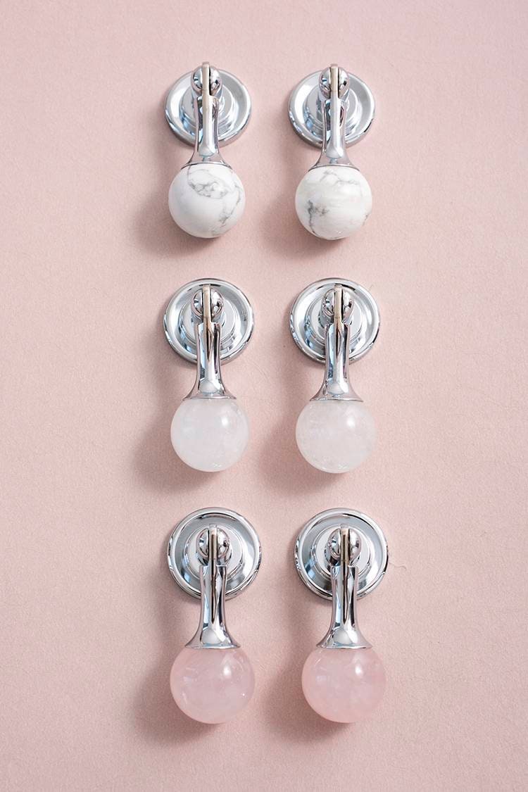 Silver stone ball drop handle in rose quartz, white quartz and marble/Gemstone drawer pull/Semi precious stone cabinet pull/Crystal handle