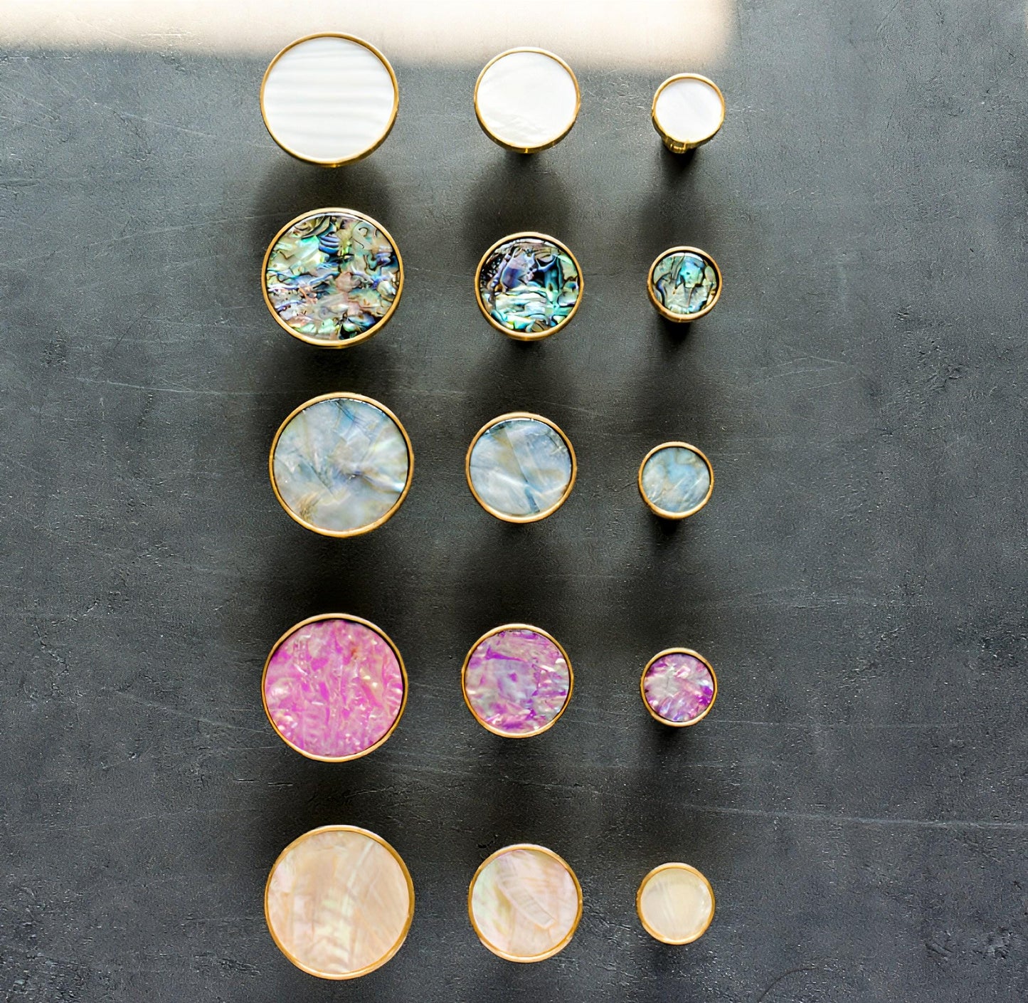 Round pale blue Abalone shell and brass drawer pull/Iridescent blue mother of pearl door handle/Brass round light blue pearl cabinet handle