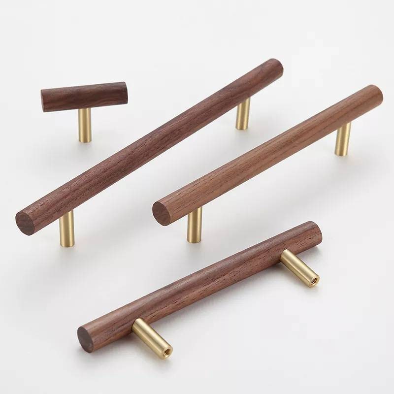 Simple  smooth walnut and Brass cabinet bar handle/Dark wooden drawer pull/Wooden furniture hardware/Walnut wood and gold brass door handle