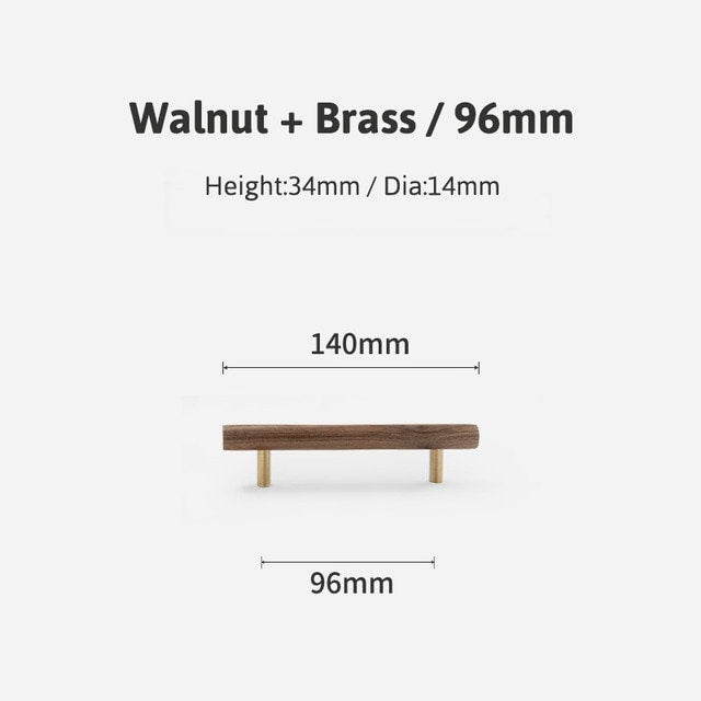 Simple  smooth walnut and Brass cabinet bar handle/Dark wooden drawer pull/Wooden furniture hardware/Walnut wood and gold brass door handle
