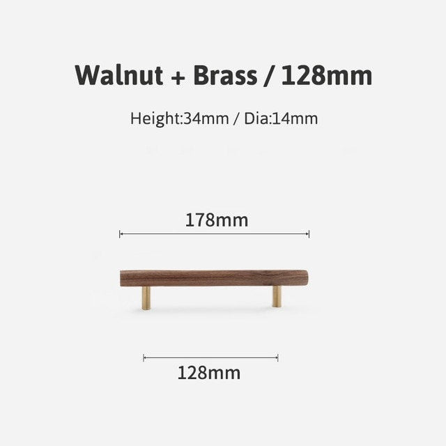 Simple  smooth walnut and Brass cabinet bar handle/Dark wooden drawer pull/Wooden furniture hardware/Walnut wood and gold brass door handle