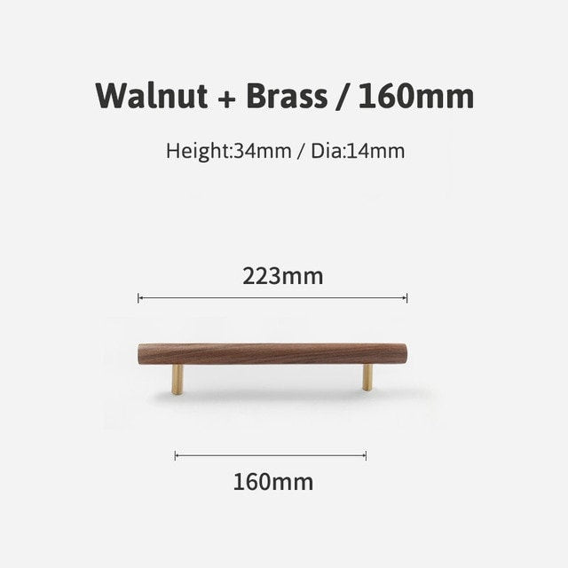 Simple  smooth walnut and Brass cabinet bar handle/Dark wooden drawer pull/Wooden furniture hardware/Walnut wood and gold brass door handle