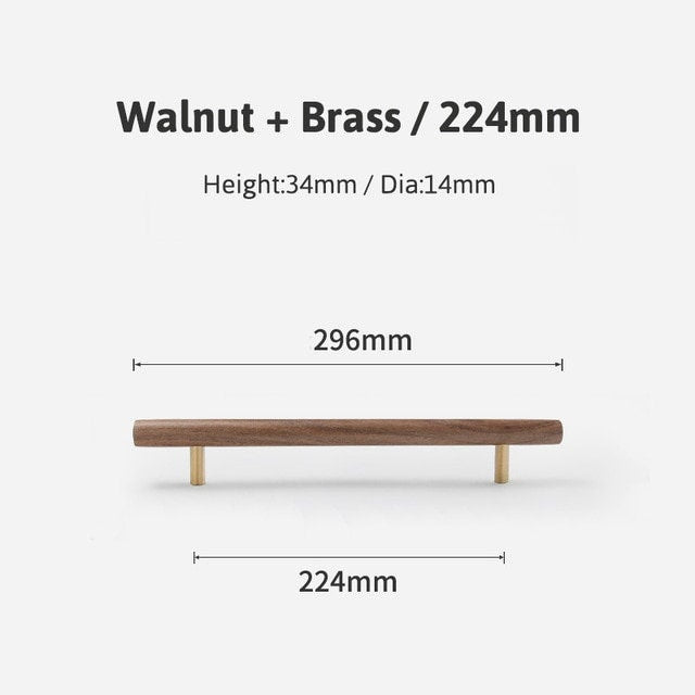 Simple  smooth walnut and Brass cabinet bar handle/Dark wooden drawer pull/Wooden furniture hardware/Walnut wood and gold brass door handle