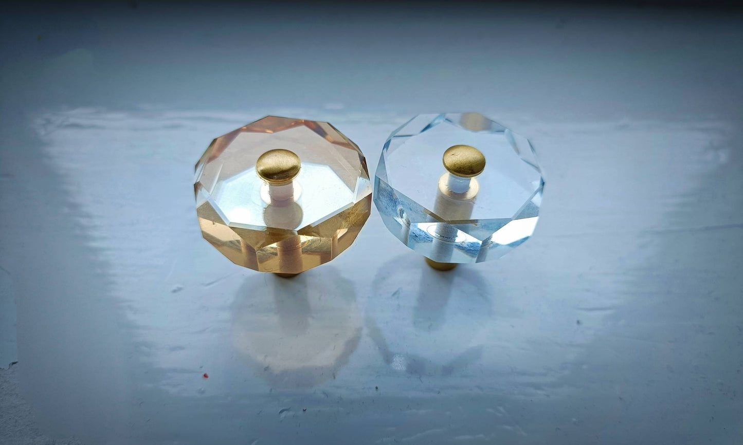 Geometric cut crystal and brass cabinet pull/Retro gold glazed crystal drawer knob/mid century modern style crystal door handle/Crystal knob