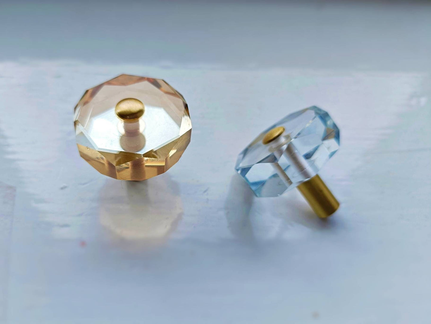 Geometric cut crystal and brass cabinet pull/Retro gold glazed crystal drawer knob/mid century modern style crystal door handle/Crystal knob