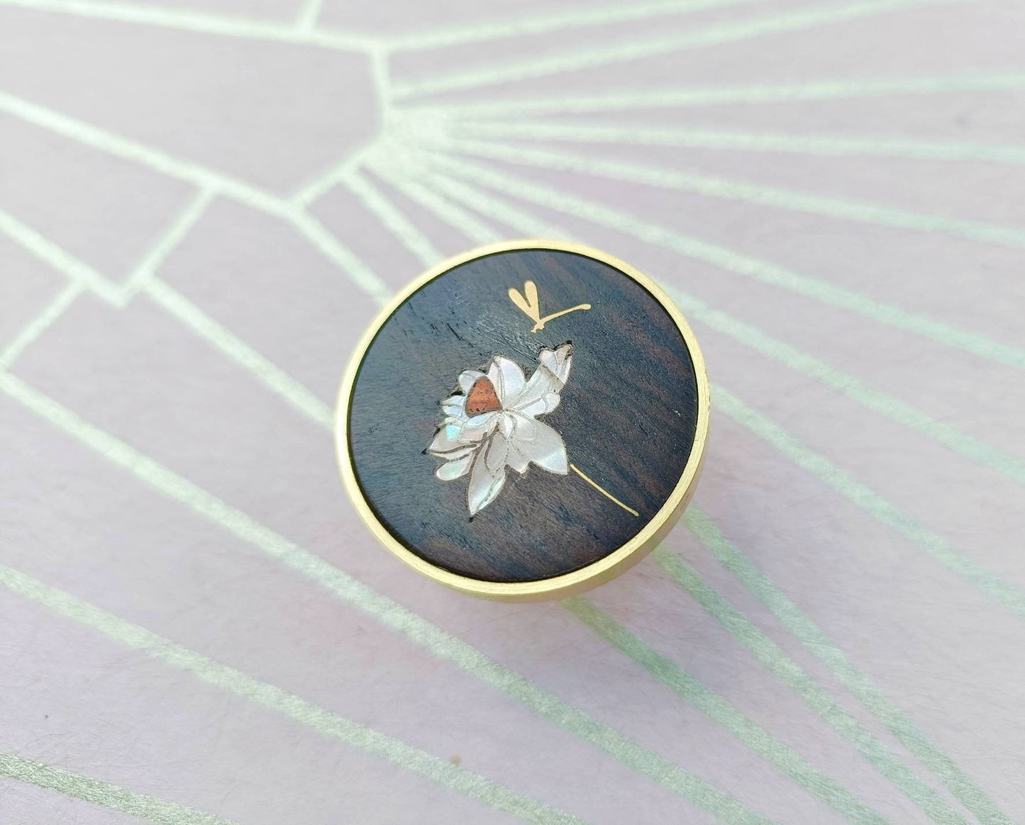 Round gold brass walnut wood and shell inlay drawer pull/Intricate pearl inlay cabinet pull/waterlily door handle/clover leaf design handle