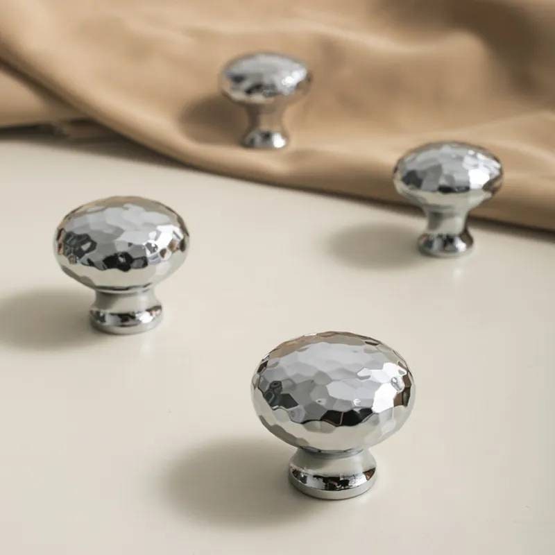 Round shiny silver hammered brass cabinet handle/Glittery silver drawer knob/Polished textured door handle/Solid brass furniture hardware