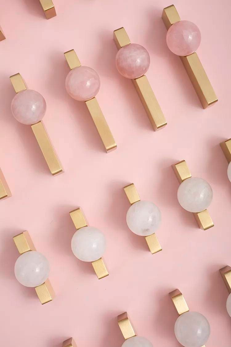 White or rose pink quartz ball and brass bar handle/Semi precious stone drawer pull/unique cabinet handle/IKEA hack/wardrobe door handle