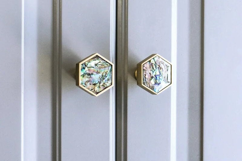 Rainbow mother of pearl and gold brass hexagonal drawer pull/Geometric pearl cabinet handle/Iridescent shell door knob/Abalone pearl handle