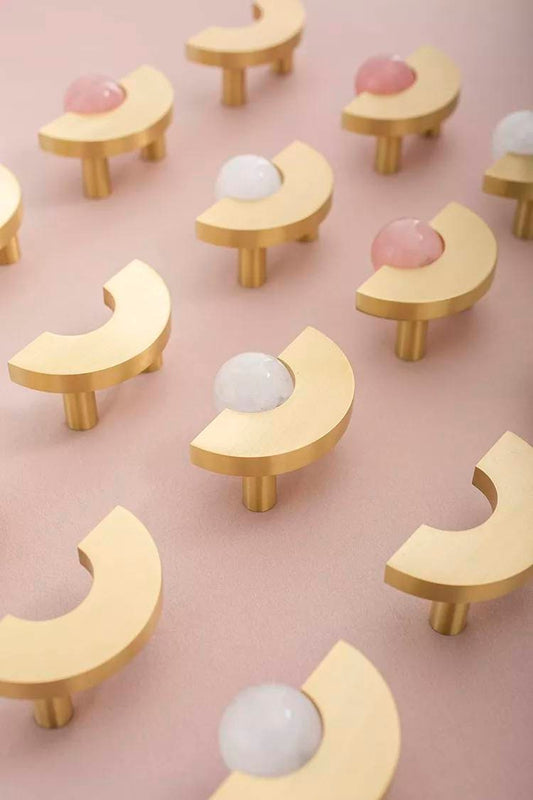 Brass and crystal semi circle shaped handle/pink or white stone ball drawer pull/retro drawer handle/wardrobe door handle/gold cabinet knob