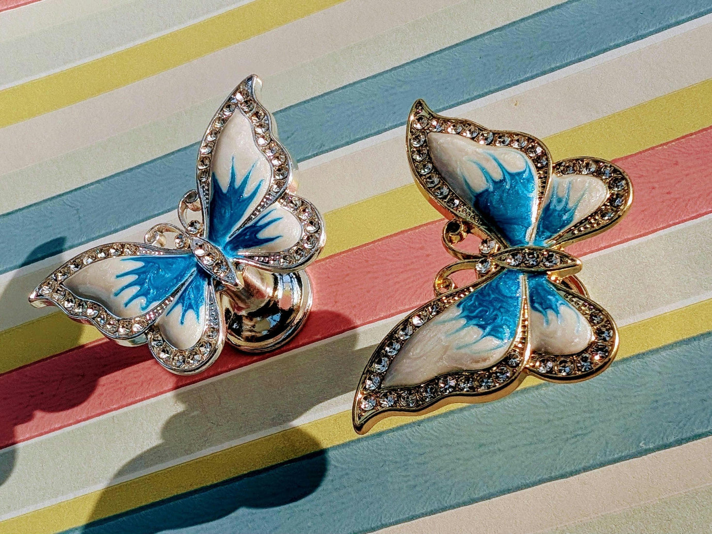 Enameled butterfly drawer handle/Pearly blue and white butterfly cabinet pull/Nursery decor/Nursery door knob/Childrens door handle