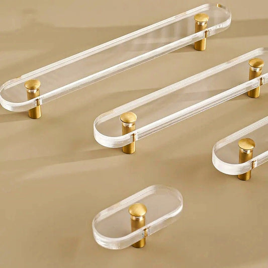 Clear lucite and brass bar shaped cabinet handle/Clear acrylic resin and gold brass drawer pull/Transparent lucite and brass door handle