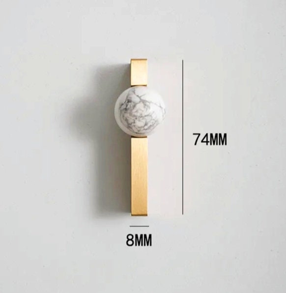 White and grey marble stone ball and brass bar handle/Marble stone drawer pull/unique cabinet handle/IKEA hack/wardrobe door handle