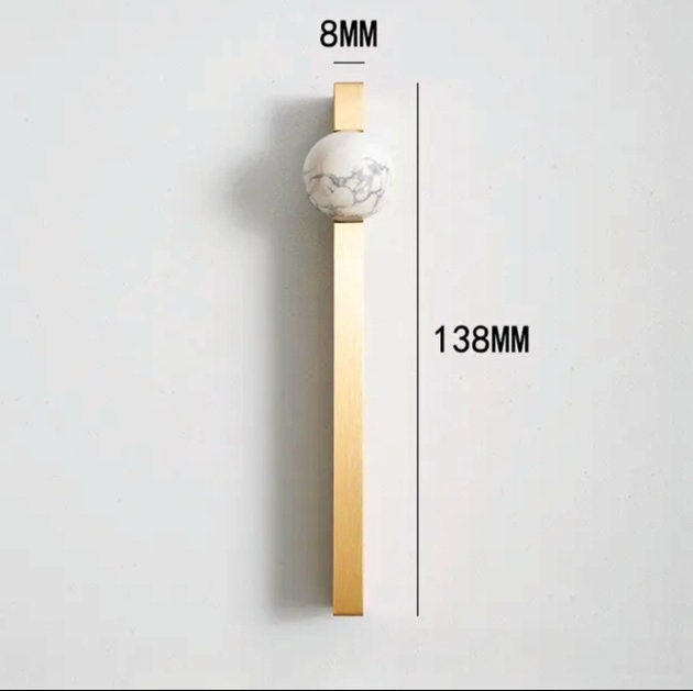 White and grey marble stone ball and brass bar handle/Marble stone drawer pull/unique cabinet handle/IKEA hack/wardrobe door handle