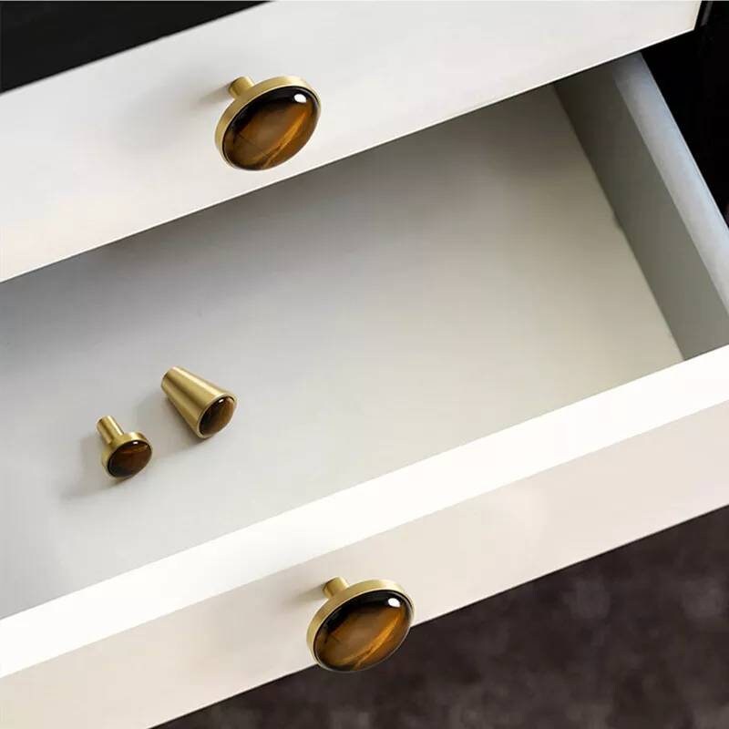 Round polished tiger eye stone and brass drawer pull/Golden brown semi precious stone cabinet handle/Gold gemstone door knob/Stone hardware