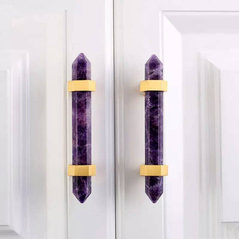 Luxury hexagonal purple amethyst crystal bar handle with gold brass fixings/Purple gemstone drawer pull/stone hardware/Amethyst door handle