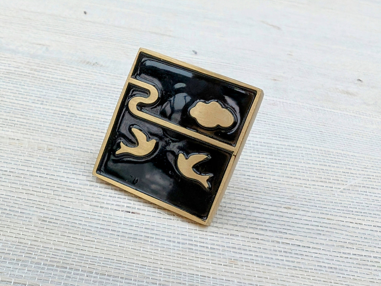 Brass and enamel drawer handle/Black and gold cabinet pull/Bird door knob/nursery furniture hardware/Unusual door handle/Dresser door knob