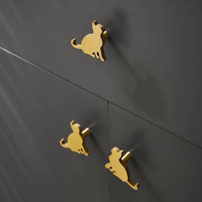 Gold solid brass cat cabinet pull/Gold cat shaped door handle/Cat design drawer pull/Unique gold brass furniture hardware/Screw in handle