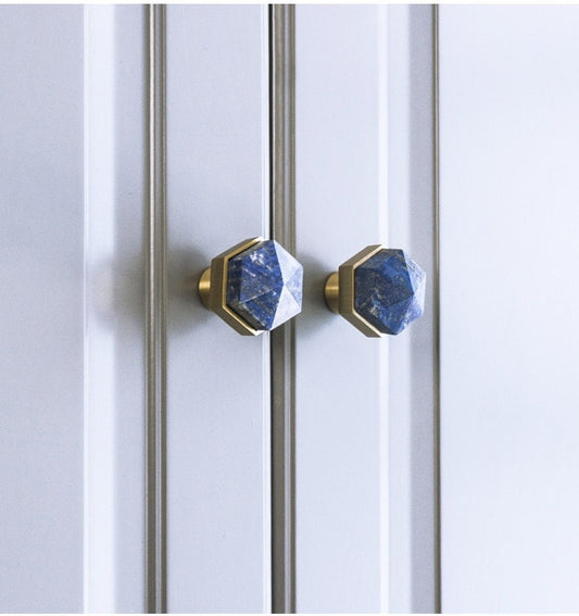 Blue Lapis Lazuli and brass hexagonal drawer pull/Geometric semi precious stone cabinet handle/Gemstone door knob/stone furniture hardware